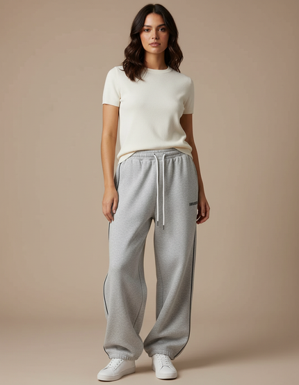 Pantalon Gris Ample Rayé Molletonné Décontracté Femme