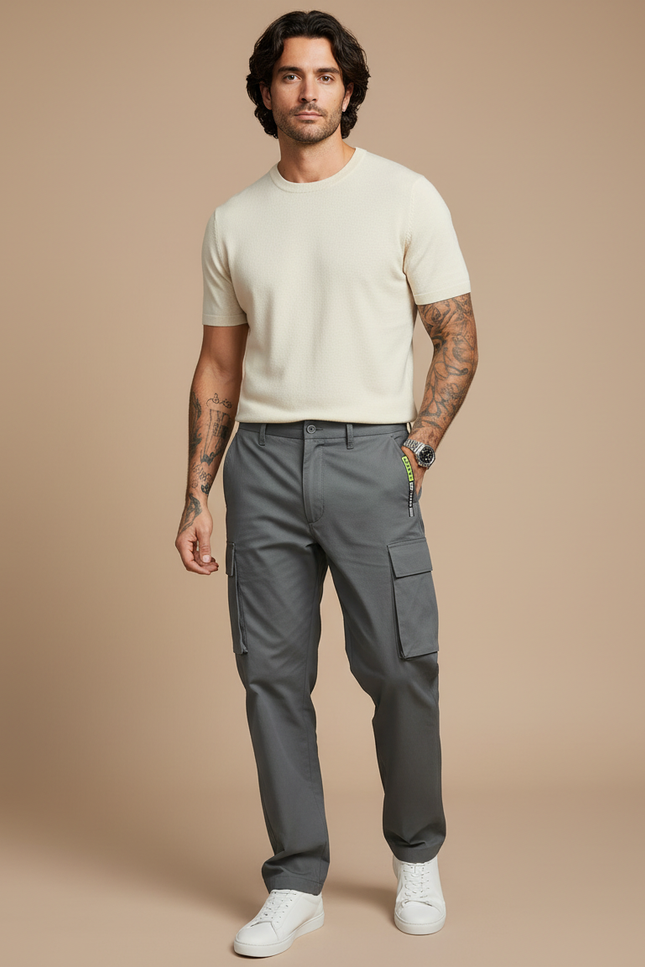 Pantalon Gris Cargo Homme Décontracté Poches Latérales - Toile