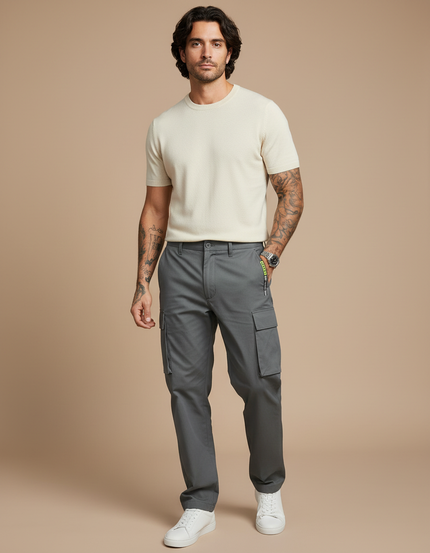 Pantalon Gris Cargo Homme Décontracté Poches Latérales - Toile