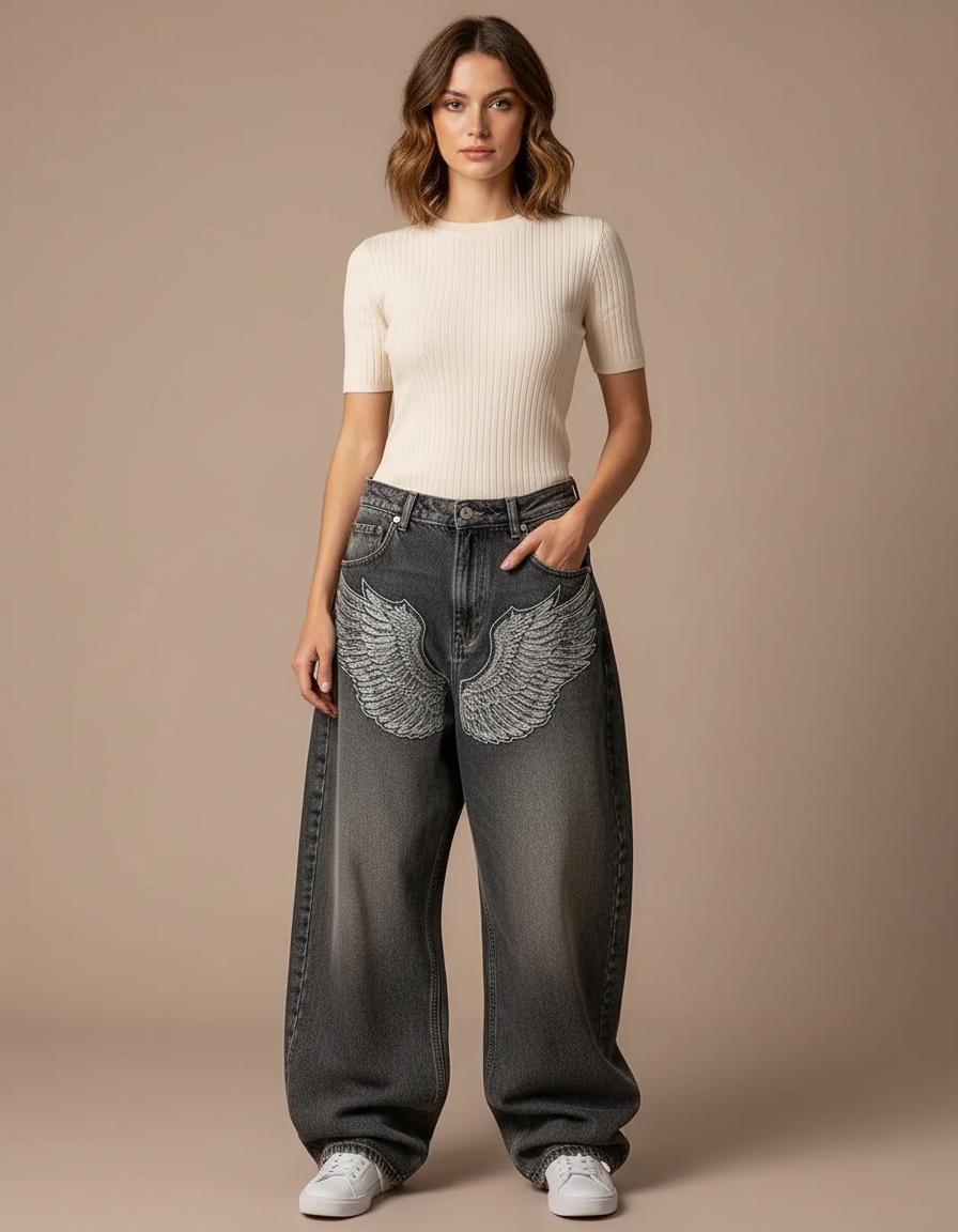 Pantalon Gris Ample Ailes Brodées Streetwear Femme - Jean