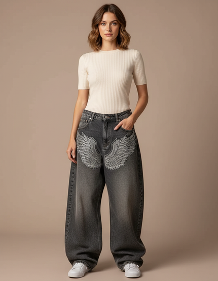 Pantalon Gris Ample Ailes Brodées Streetwear Femme - Jean