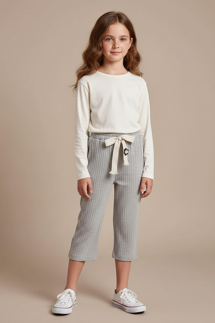 Pantalon Gris Côtelé Ample Décontracté Fille - Maille