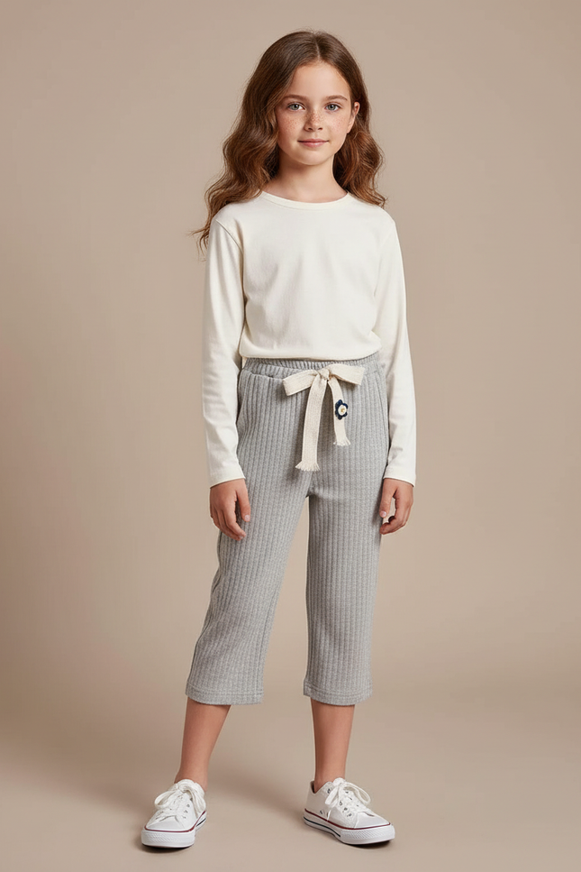 Pantalon Gris Côtelé Ample Décontracté Fille - Maille