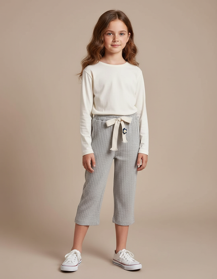 Pantalon Gris Côtelé Ample Décontracté Fille - Maille