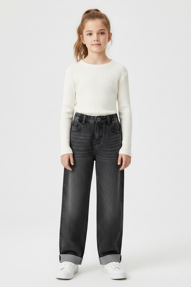 Pantalon Gris Large Denim Décontracté Enfant Fille - Jean