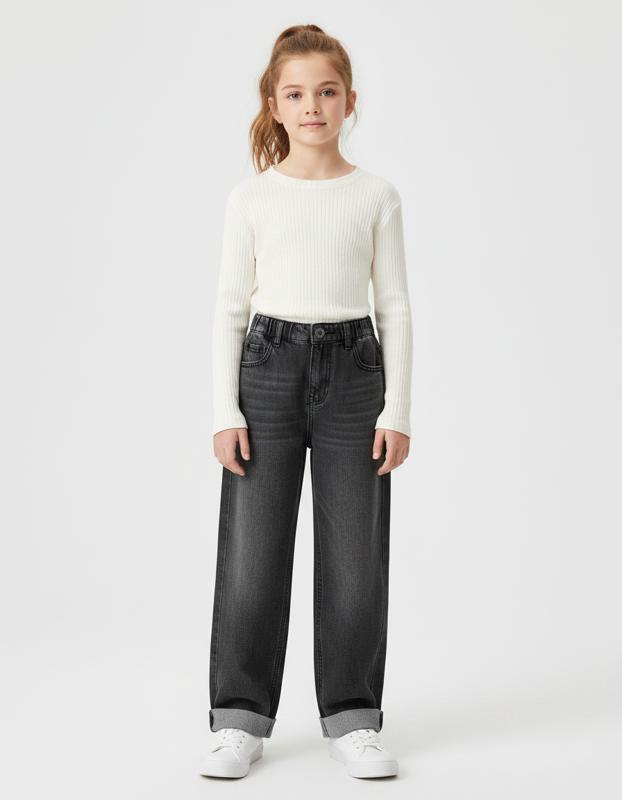 Pantalon Gris Large Denim Décontracté Enfant Fille - Jean