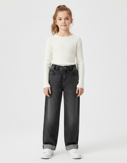 Pantalon Gris Large Denim Décontracté Enfant Fille - Jean