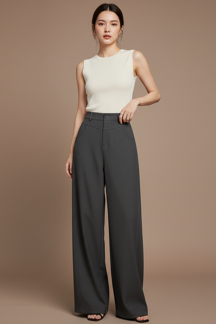 Pantalon Gris Large Taille Haute Élégant Fluide - Gabardine