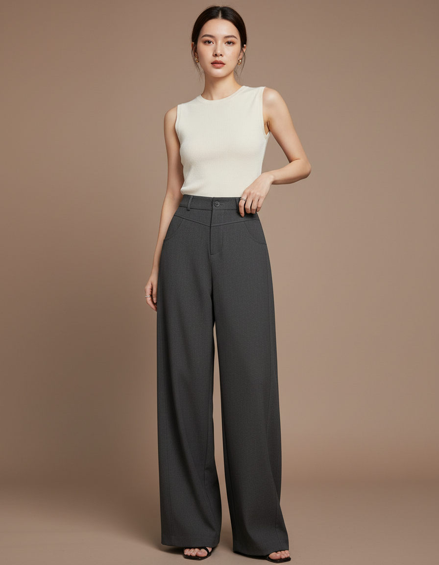 Pantalon Gris Large Taille Haute Élégant Fluide - Gabardine