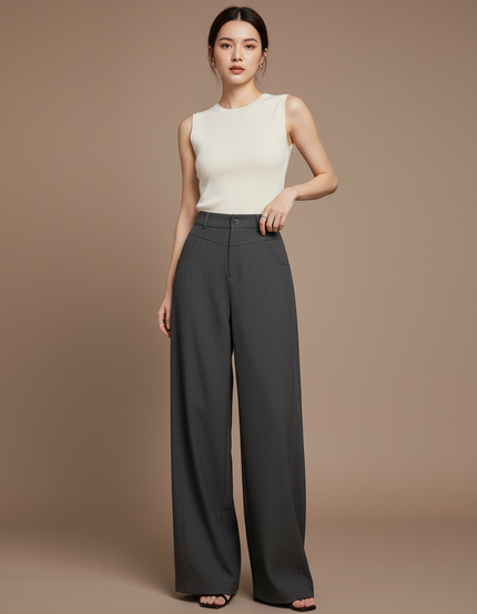 Pantalon Gris Large Taille Haute Élégant Fluide - Gabardine