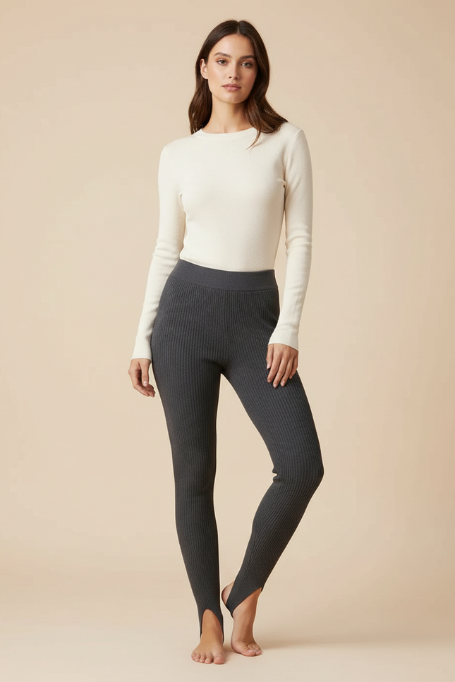 Pantalon Gris Côtelé Taille Haute À Étrier Pour Femme - Maille