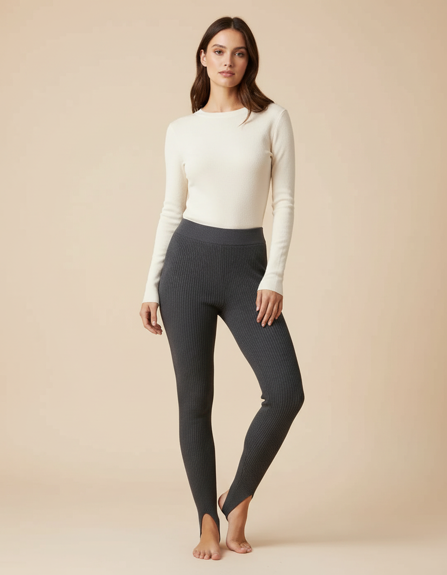 Pantalon Gris Côtelé Taille Haute À Étrier Pour Femme - Maille