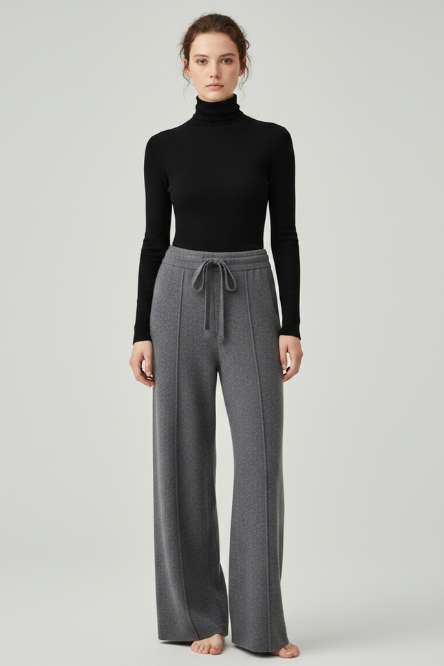 Pantalon Gris Laine Large Tricoté Cordon Femme