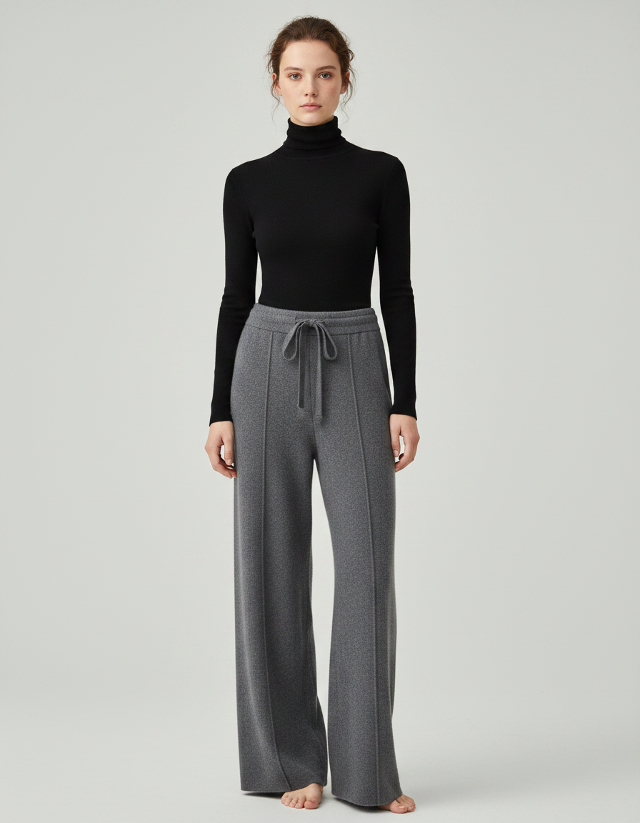 Pantalon Gris Laine Large Tricoté Cordon Femme