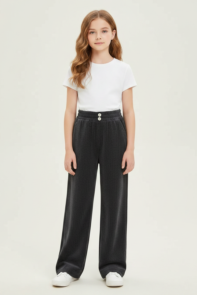 Pantalon Gris Côtelé Ample Décontracté Élastique Fille - Cordé