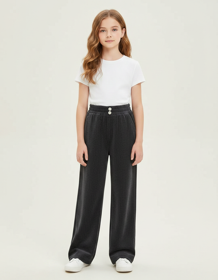 Pantalon Gris Côtelé Ample Décontracté Élastique Fille - Cordé