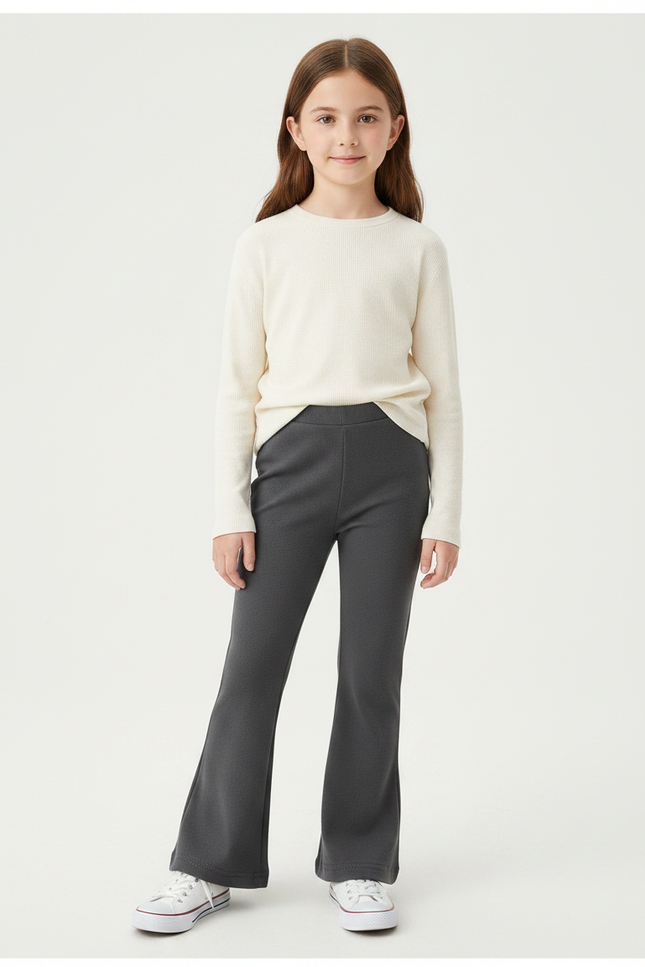 Pantalon Gris Évasé Côtelé Confortable Fille - Maille