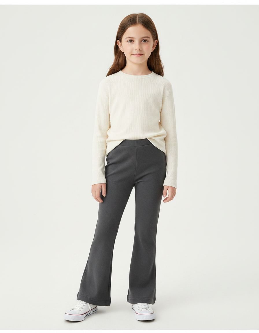 Pantalon Gris Évasé Côtelé Confortable Fille - Maille