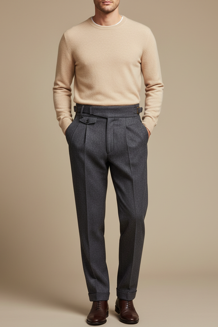 Pantalon Gris Laine Plissé Élégant Classique Homme
