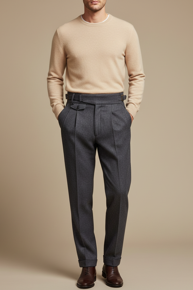Pantalon Gris Laine Plissé Élégant Classique Homme