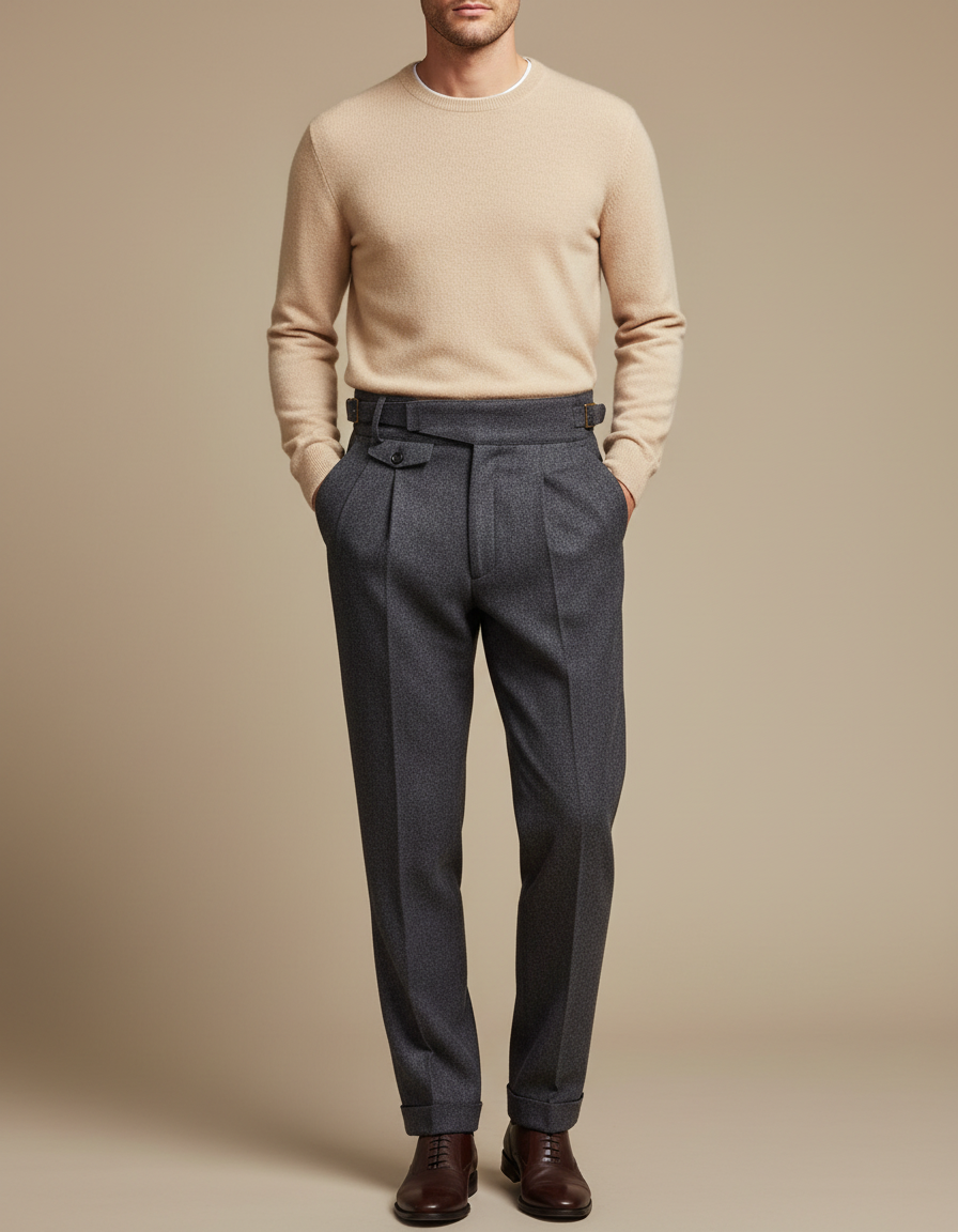 Pantalon Gris Laine Plissé Élégant Classique Homme