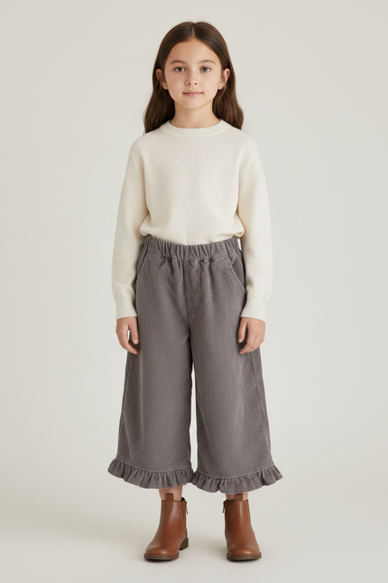 Pantalon Gris Côtelé Ample Volants Fille Confortable - Cordé