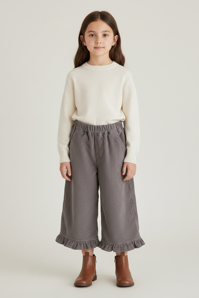 Pantalon Gris Côtelé Ample Volants Fille Confortable - Cordé