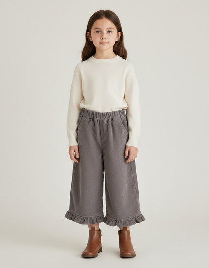 Pantalon Gris Côtelé Ample Volants Fille Confortable - Cordé