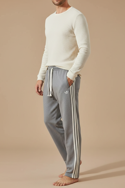 Pantalon Gris Homme Sport Coton Rayures Cordon - Molleton