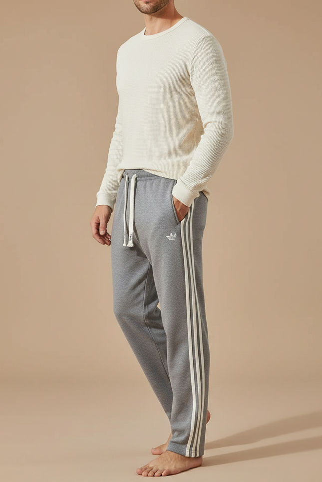 Pantalon Gris Homme Sport Coton Rayures Cordon - Molleton
