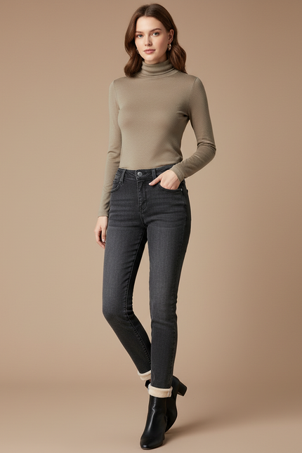 Pantalon Gris Skinny Délavé Doublé Femme Hiver - Jean