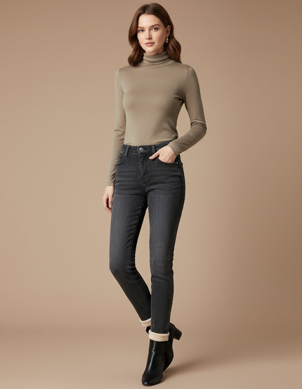 Pantalon Gris Skinny Délavé Doublé Femme Hiver - Jean