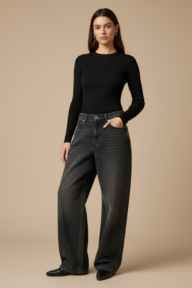 Pantalon Gris Jean Large Délavé Coupe Droite