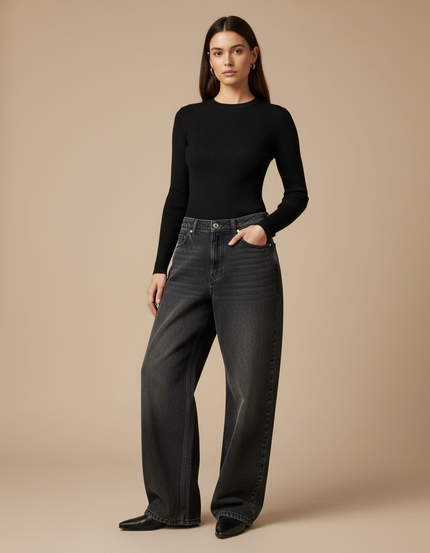 Pantalon Gris Jean Large Délavé Coupe Droite