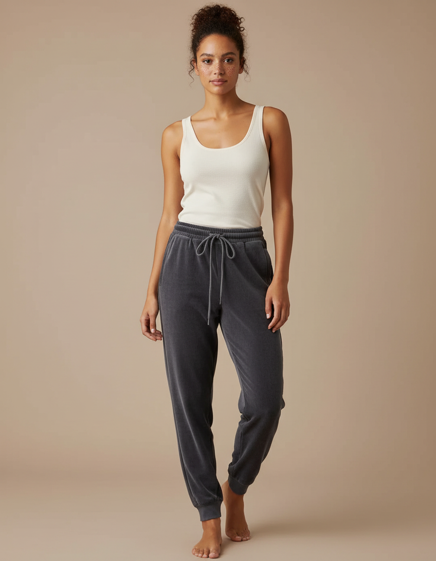 Pantalon Gris Molletonné Ample Décontracté Confortable