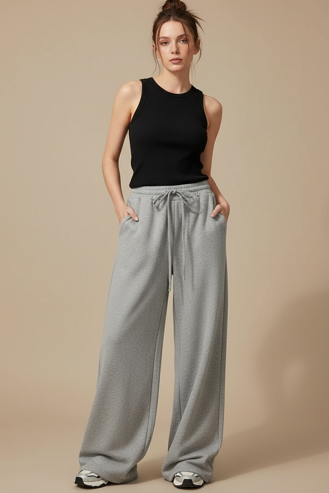 Pantalon Gris Ample Décontracté Molletonné Sport