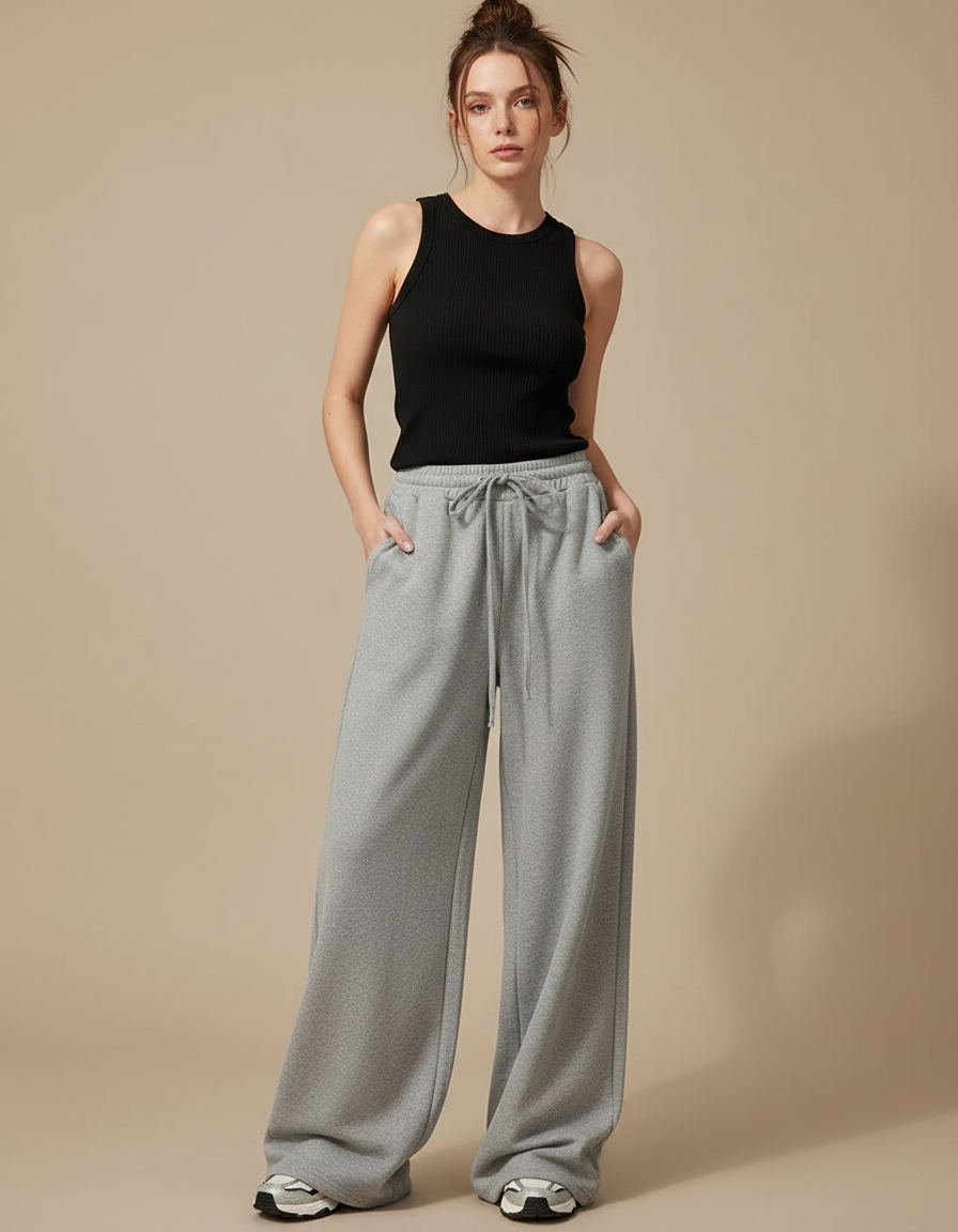 Pantalon Gris Ample Décontracté Molletonné Sport