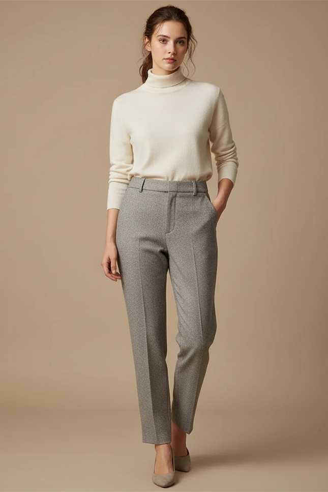 Pantalon Gris Élégant Droit Texturé Femme Habillé - Tweed