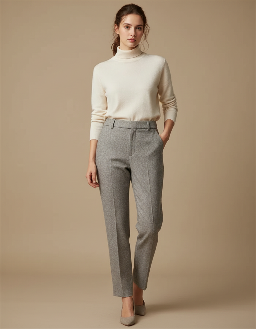 Pantalon Gris Élégant Droit Texturé Femme Habillé - Tweed