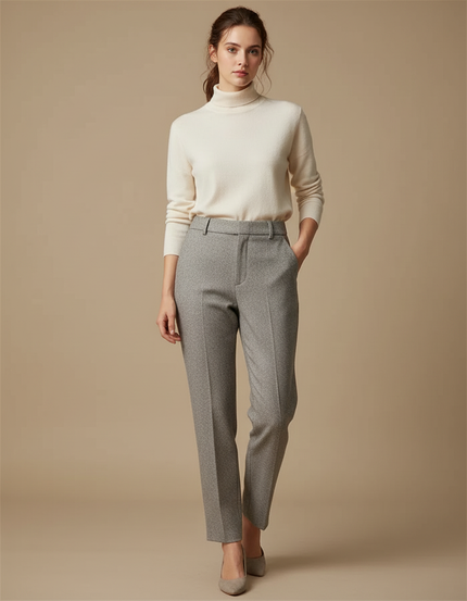 Pantalon Gris Élégant Droit Texturé Femme Habillé - Tweed