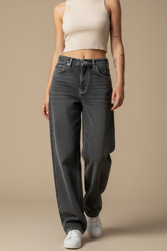 Pantalon Gris Large Décontracté Taille Haute Femme - Jean