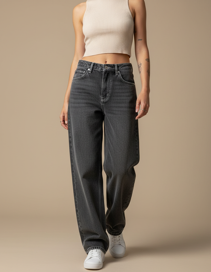 Pantalon Gris Large Décontracté Taille Haute Femme - Jean