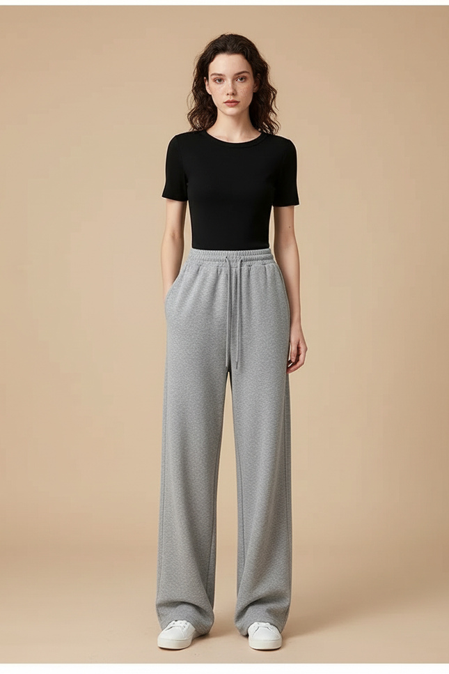 Pantalon Gris Ample Décontracté Confortable Cordon Femme - Molleton