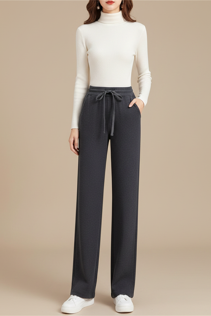 Pantalon Gris Côtelé Large Décontracté Cordon Femme - Cordé