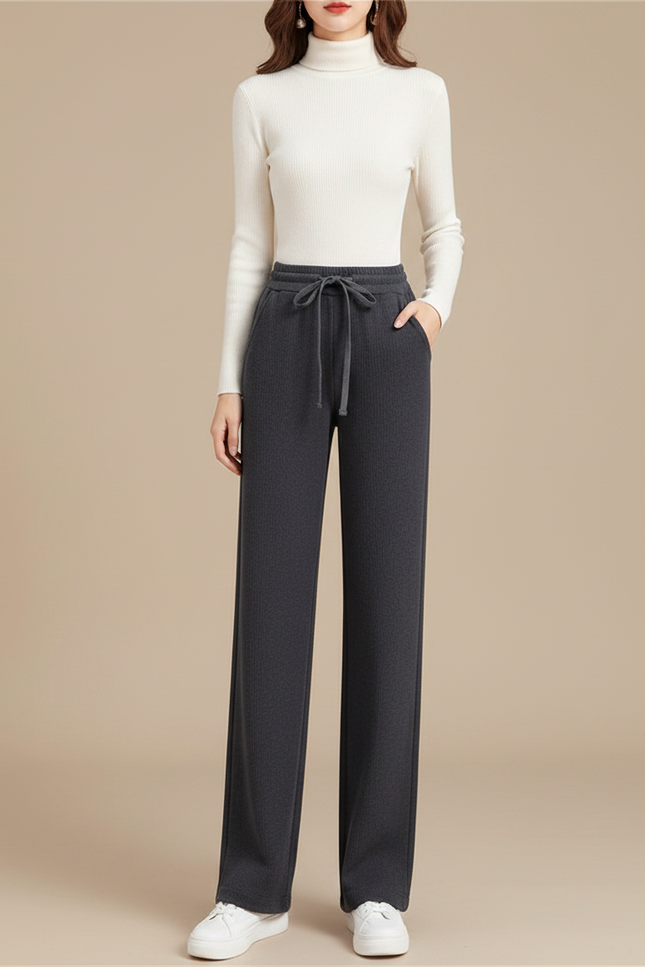 Pantalon Gris Côtelé Large Décontracté Cordon Femme - Cordé