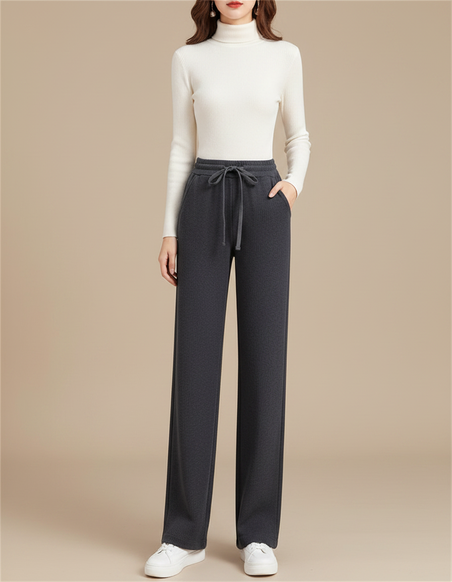 Pantalon Gris Côtelé Large Décontracté Cordon Femme - Cordé