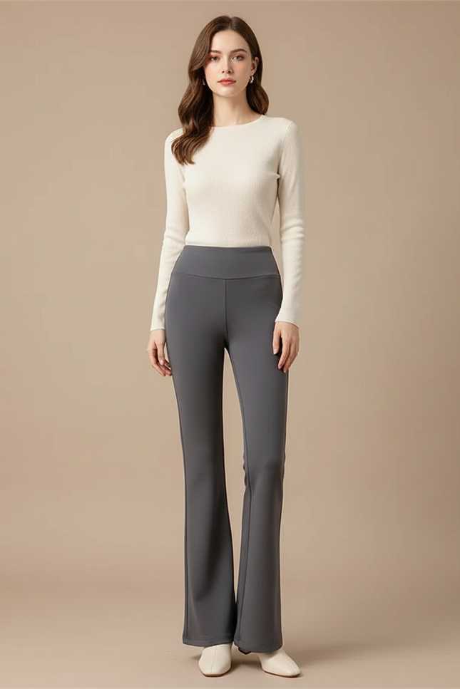 Pantalon Gris Évasé Taille Haute Confortable Femme - Polyester
