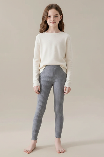 Pantalon Gris Côtelé Extensible Uni Fille - Maille
