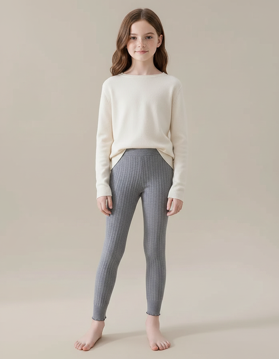 Pantalon Gris Côtelé Extensible Uni Fille - Maille