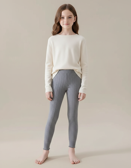 Pantalon Gris Côtelé Extensible Uni Fille - Maille